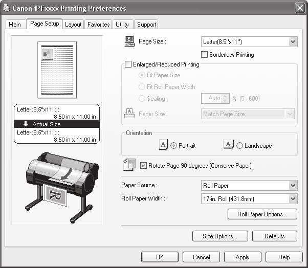 Convenient Printer Driver Features Rotate Page 90 degrees (Conserve Paper) You can conserve roll paper by specifying particular settings as suitable for your original.