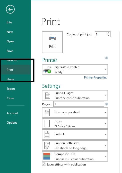 Microsoft Publisher 2013 Foundation - Page 123 Select your printer in the Printer section.