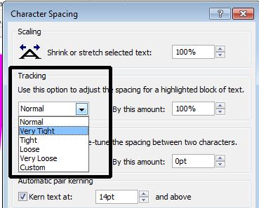 Microsoft Publisher 2013 Foundation - Page 38 To adjust tracking manually, select the Custom option from the first drop down box under the Tracking section and then enter a value in
