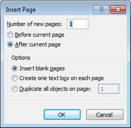 This will open the Insert Page dialog box. In the Number of new pages box, enter the number of new pages you want to insert, for instance to insert only one page enter 1.