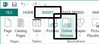 To insert clip art into your publication, click on the Insert tab and then click on the Online