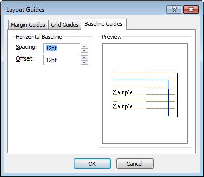 Microsoft Publisher 2013 Foundation - Page 73 Under the Baseline Guides tab, set your options for the Baseline Guides. Click on the OK button.