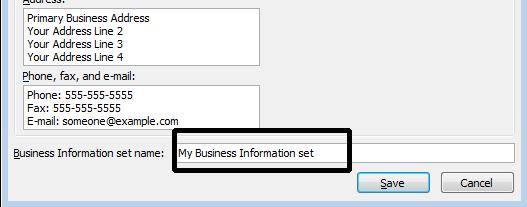 In the Business Information set name box enter a name for your business information set. For example enter My Business Information set. Click on the Save button.