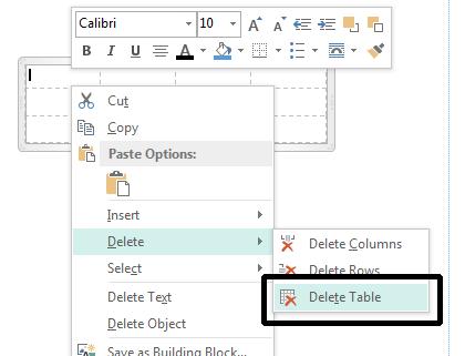 From the submenu displayed click on the Delete Table command. NOTE: You can also delete a column or row by selecting the Delete Rows or Delete Columns command.