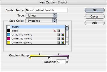 Creating gradient swatches Left: The New Gradient Swatch dialog box (Swatches palette menu > New Gradient Swatch) lets you create gradients of two or more colors.