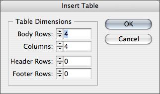 Creating tables from scratch When the text insertion point is flashing, you can choose the Insert Table command (Table menu) to create a new, empty table within the text frame.