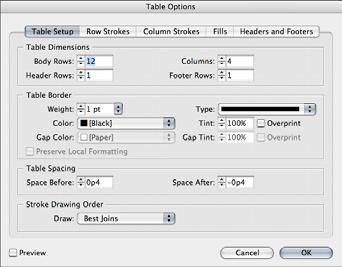 Formatting tables Left: The various panes of the Table Options dialog box (Table > Table Options) let you control the appearance of a table.