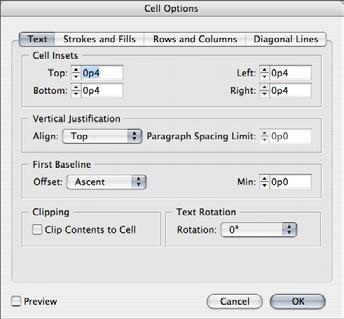 The Row Strokes, Column Strokes, and Fills panes of the Table Options dialog box include controls that let you alternate strokes and fills to enhance readability or improve the appearance of a table.