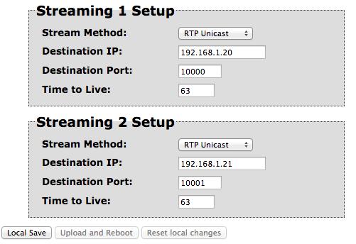 Two (2) video streams will be carried on each Destination IP address. Select Streaming 1 or Streaming 2 tab as required.