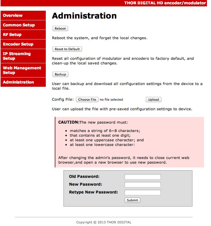 Step 14: Administration Administration Administration Page Functions Reboot Reset to Default Backup Upload New Password Actions Reboot device. All unsaved settings will be lost.
