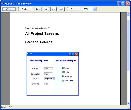2. Click one of the buttons to print the whole project, a selected group, the current screen.