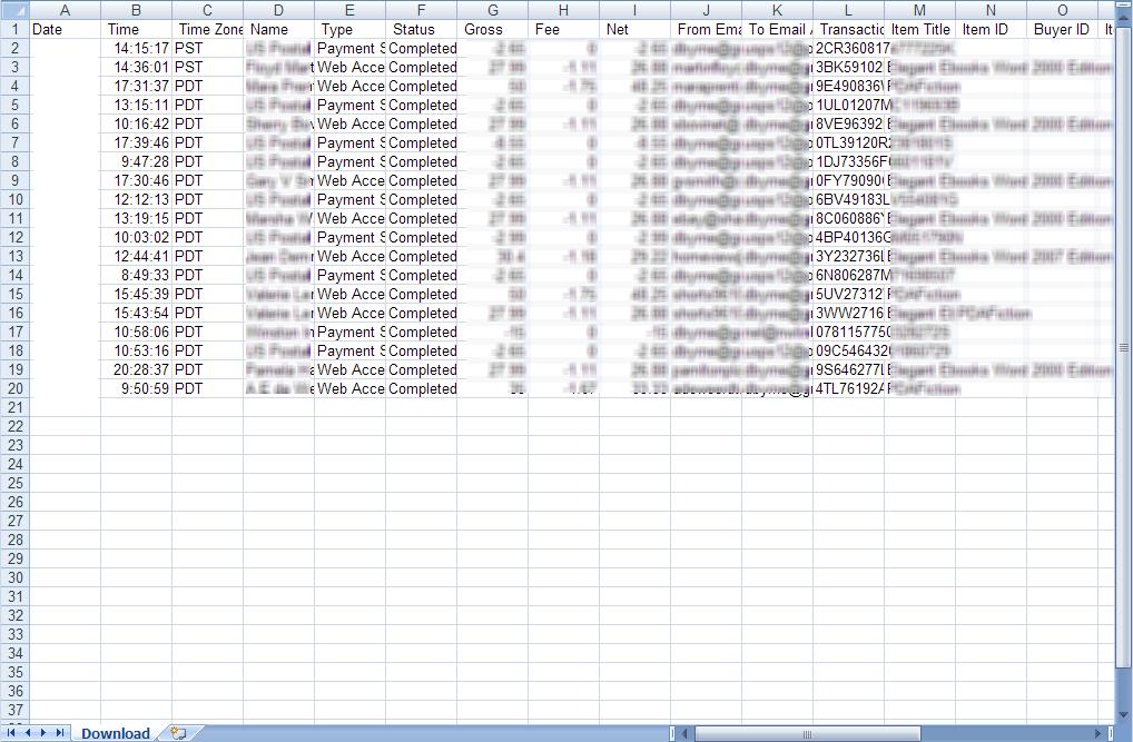 PART 2 CUSTOMIZING THE CSV FILE IN EXCEL Here s a view of the PayPal CSV file that we exported, opened in Excel.