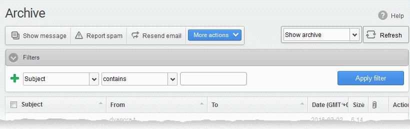 archive and reported as spam: Displays both spam and non-spam archived mails Select an option from the drop-down before using the filter options described below.