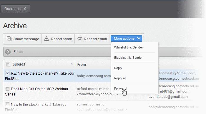 Forwarding archived emails The Archive interface allows you to forward archived mails to different mail addresses.