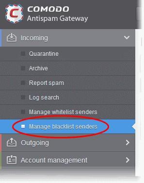 The 'Manage blacklist senders' interface will be displayed with a list of senders blacklisted for your mail account.