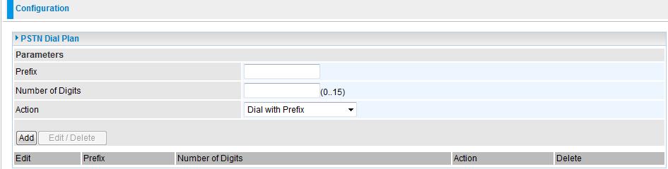 Prefix: Specify the number(s) that will be used to switch from VoIP to PSTN when making a call. Number of Digits: Specify the total number of digits you wish to dial out.
