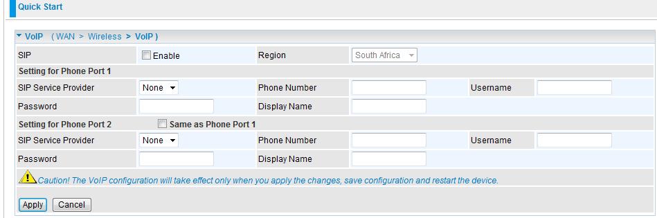 6. Set up VoIP. SIP: To use VoIP SIP as VoIP call signaling protocol. Default is set to Disable.