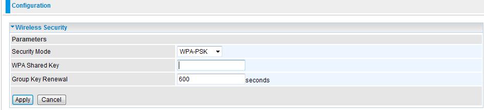 WPA-PSK / WPA2-PSK Security Mode: You can disable or enable security mode with WPA or WEP for protecting your wireless network. The default mode of wireless security is set to Disable.