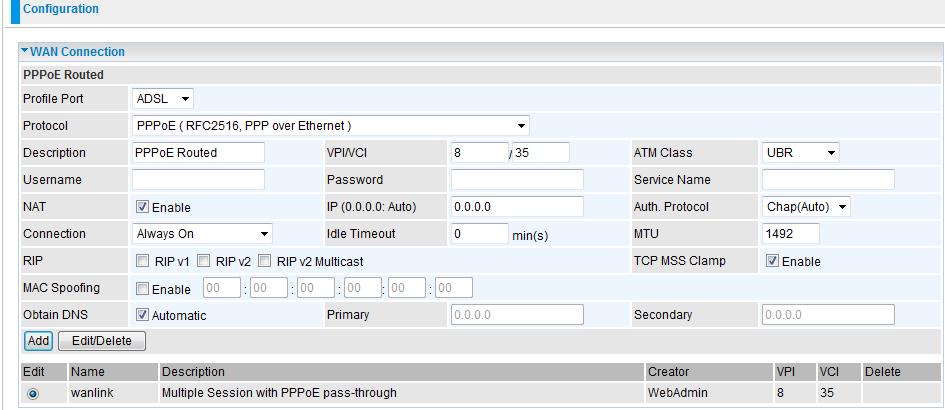 WAN Profile PPPoE Connection PPPoE (PPP over Ethernet) provides access control in a manner which is similar to dial-up services using PPP. Profile Port: Select the profile port as ADSL.