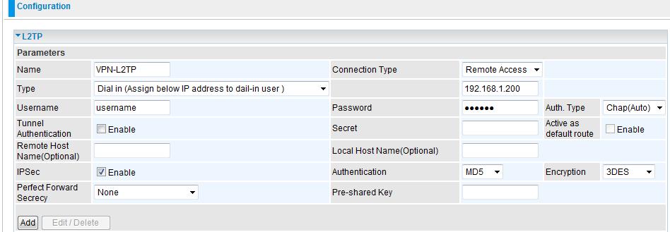 Configuring L2TP VPN in the Office The input IP address 192.168.1.200 will be assigned to the remote worker. Please make sure this IP is not used in the Office LAN.