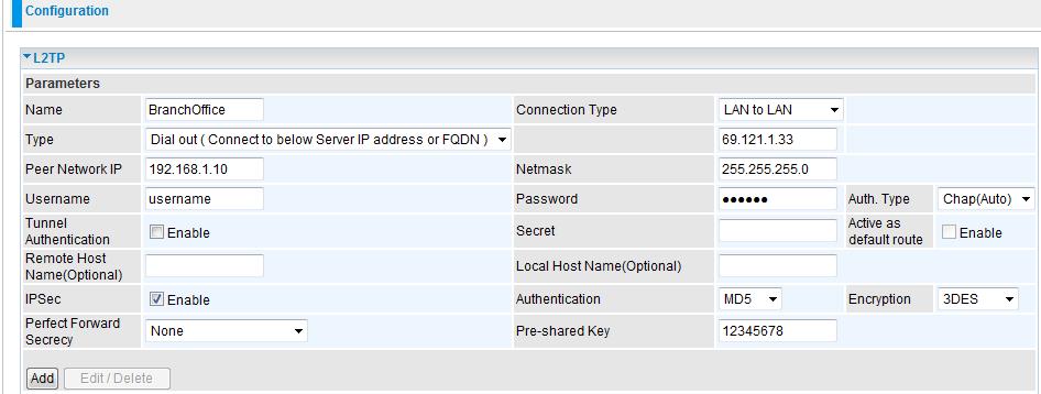 Configuring L2TP VPN in the Branch Office The IP address 69.1.121.30 is the Public IP address of the router located in head office.