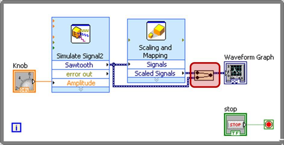 8. Displaying Two Signals on Your Graph To compare the signal generated by the Simulate Signal Express VI and the signal modified by the Formula Express VI on the same graph, use the Merge Signals