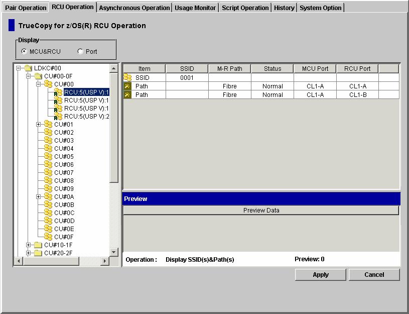Figure 4-7 MCU&RCU Display on the RCU Operation Window showing RCU List Port Display on the RCU Operation Window When the Port button is clicked in the Display box, the RCU Operation window displays