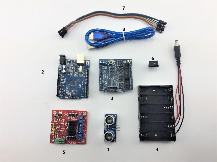 Arduino UNO Development Board 3. Arduino Sensor shield V5.0 4.