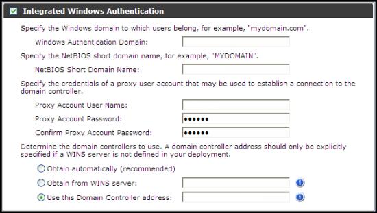 Figure 99: Enabling single sign-on with IWA 4. Configure the Integrated Windows Authentication as detailed in Table 29: Configuring IWA on page 123.