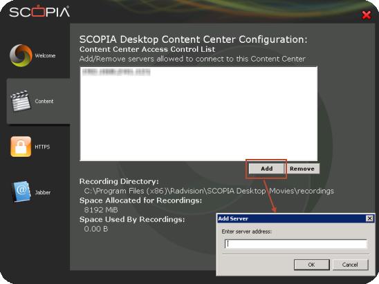 Figure 121: Enabling multiple Scopia Desktop servers to access a Dedicated Content Server c. Select Add to add the IP address of each Scopia Desktop server using this Content Server. d. Select OK.