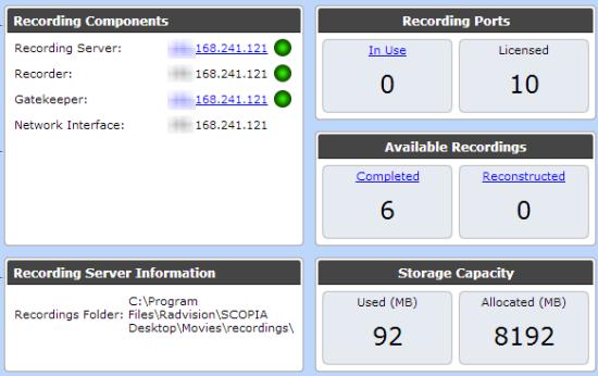 Figure 130: Recording Components Status Recording Server Recorder Field Description Displays the address of the Scopia Desktop Recording Server.