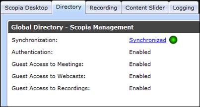 Figure 34: Status of LDAP synchronization 6. (Optional) View the connection status of the Scopia Content Slider by selecting the Content Slider tab.