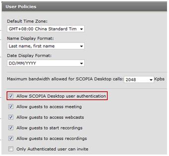 Figure 38: Enabling registered users in Scopia Desktop d. Select authorization options for unregistered users (known as guests) as required.