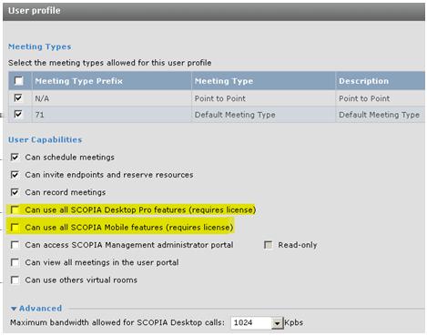 Figure 42: Enabling Scopia Desktop Pro or Scopia Mobile licenses in Scopia Management Defining Bandwidth Settings in Scopia Desktop server About this task This section details how to define the
