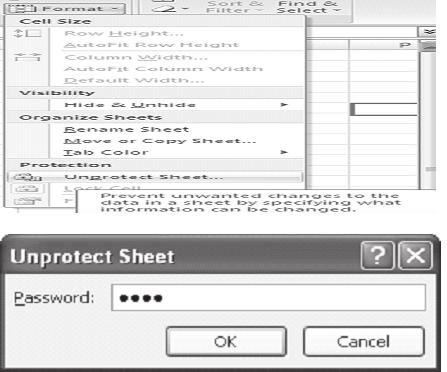 164 :: Data Entry Operations Choose Unprotect sheet from Drop Down Menu. Unprotect sheet dialog box will appear. Enter password to unprotect sheet.