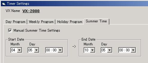 3.3.3. Summer time settings Chapter 4: FUNCTIONS 3. ACTIVATION ITEMS Summer time can be set by using either the Daylight saving switch on the VX-2000 front panel or the PC software.