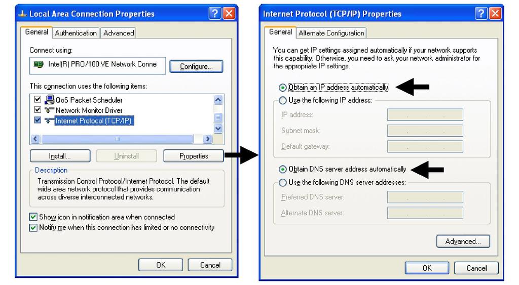 Double-click on Local Area Connection and click on Properties to open the Internet Protocol (TCP/IP) Properties window (see