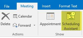 Busy Search Scheduling Assistant Look up Availability The Scheduling Assistant helps you find the best time for your meeting. Open your Outlook calendar and create a New Meeting.