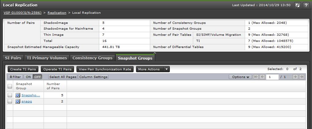 Snapshot Groups tab The following image shows this tab of the Local Replication window. The following table lists the items on this tab. Item Description Snapshot Group The snapshot group name.