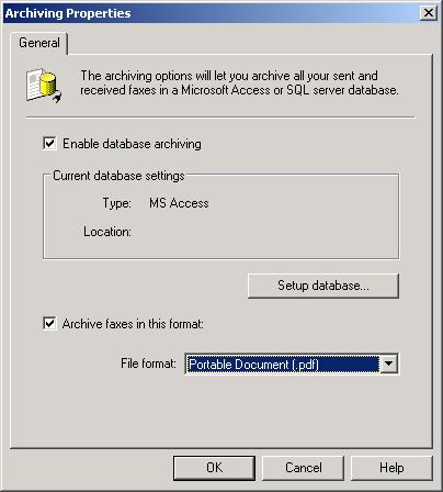 Screenshot 111 - Archiving properties To archive faxes to a database: 1. In the GFI FAXmaker configuration, right-click on the archiving node and select properties.