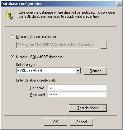 Screenshot 112 - Database configuration 3. Click on Setup Database to configure the database where faxes should be stored in.