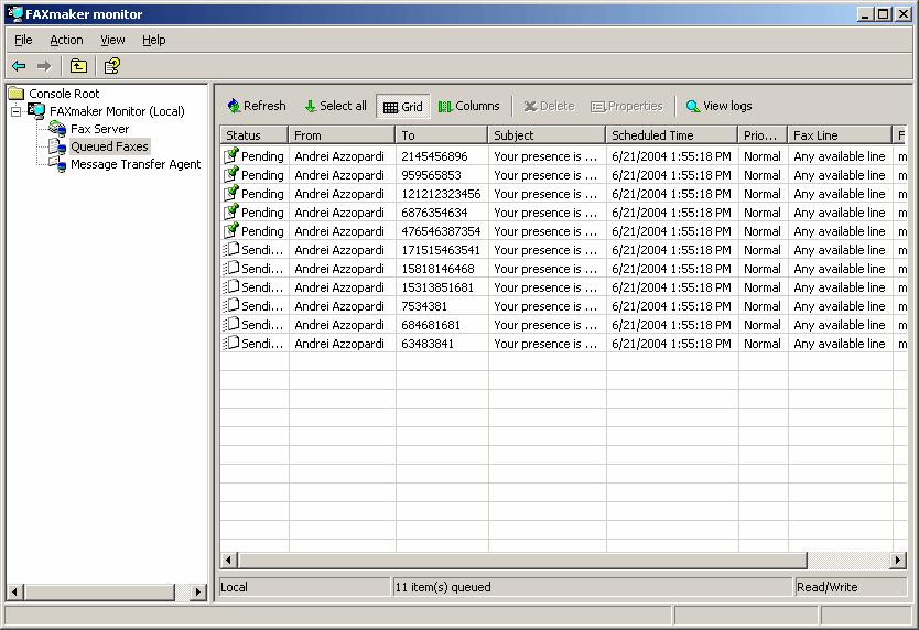 Viewing the fax queue Screenshot 118 - Queued faxes in GFI FAXmaker monitor The Queued faxes node shows you all faxes that are waiting to be sent.
