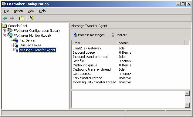 Viewing the Message Transfer Agent status Screenshot 119 - GFI FAXmaker Message Transfer agent status To view the status of the Message Transfer Agent, click on its node.