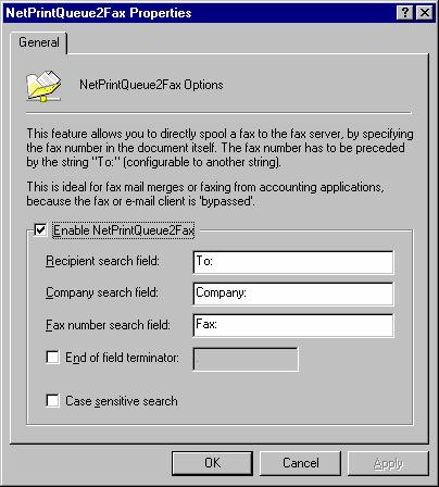 Configuring the Netprintqueue2FAX feature Screenshot 123 - NetPrintQueue2FAX configuration You can access the configuration by right clicking on the node in the GFI FAXmaker configuration and