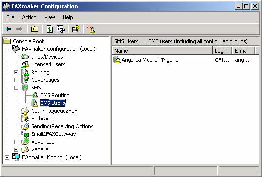 Screenshot 130 - Configuring SMS users 3. After you have configured the users, you need to enable the SMS gateway. Right-click on the SMS node and select properties. Click on Enable SMS gateway.
