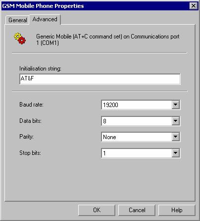 Screenshot 137 - Advanced GSM Mobile Phone Properties 4. If you have selected a "Generic Mobile (AT+C command set)" mobile, go to the Advanced tab to set up the mobile configuration.