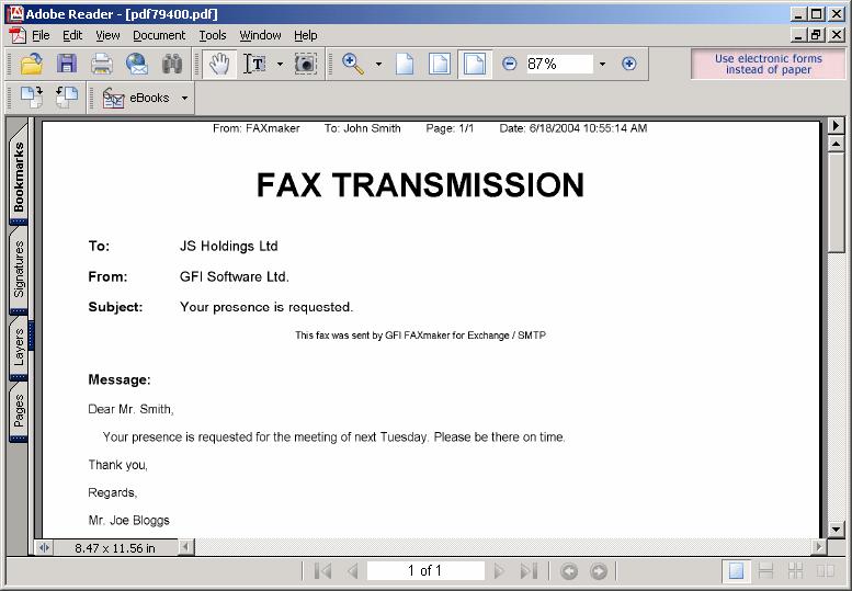 Screenshot 4 - Viewing a fax in the Adobe PDF reader GFI