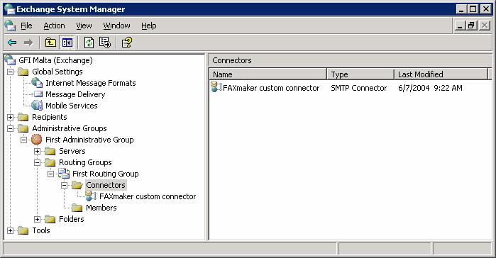 Screenshot 155 - Exchange system manager with the custom connector The custom FAXmaker connector will now route all mail sent to the MAPI [fax:] address and