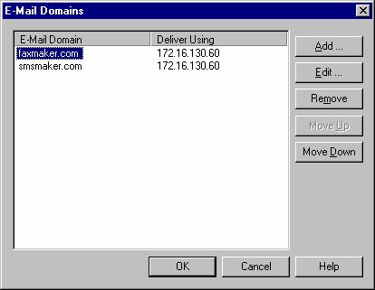 Screenshot 157 - The email domains dialog 3. In the Message Delivery section click on the E-Mail Domain button. This brings up the E-mail Domains dialog. Screenshot 158 - Edit e-mail domain dialog 4.