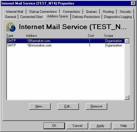 Screenshot 161 - The Internet Mail Connector configured for GFI FAXmaker 10. The settings in the Address Space tab should be as shown in the screen shot. Click OK to save all changes.